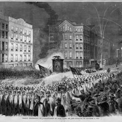 15. Corpi in marcia: parata pseudomilitare Repubblicana, New York, 1860. Grand Procession of [Republican] Wide-Awakes at New York on the Evening of October 3, 1860, in «Harper’s Weekly» (October 13, 1860). Library of Congress Prints and Photographs Division, Washington, D.C.